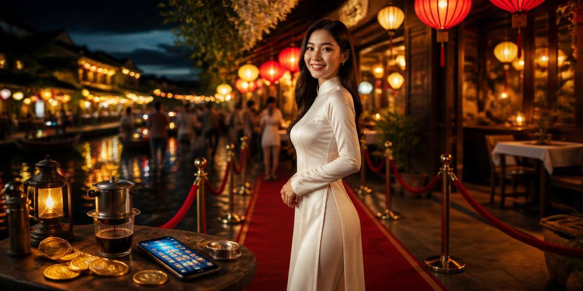 Phụ nữ áo dài Hội An sử dụng ứng dụng casino trên điện thoại thông minh