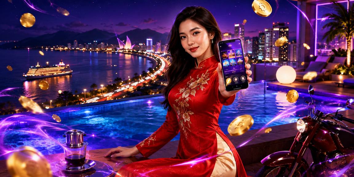 Cô gái áo dài chơi slot game tại Nha Trang với giao diện điện thoại hiện đại
